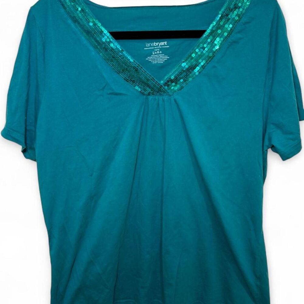 Lane Bryant Women's Blue & Green Teal Sequin V-Neck Classic Glamour Blouse